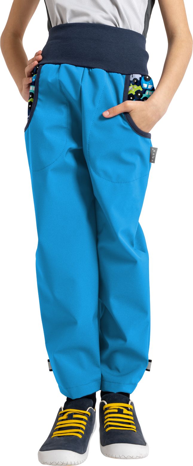 Unuo, Dětské softshellové kalhoty s fleecem Basic, Tyrkysová, Autíčka Velikost: 98/104 - obrázek 1