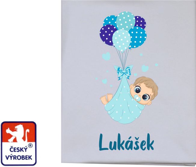 Dětská deka bavlněná Dětský svět miminko chlapeček s balónky se jménem miminka - obrázek 1