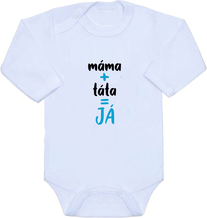 Dětské body s potiskem Gama máma+táta=Já, bílé s tyrkysovým nápisem vel.50 - obrázek 1