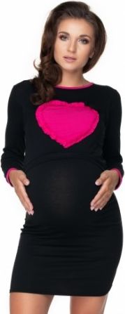 Be MaaMaa Těhotenská, kojící noční košile srdce, dl. rukáv - černá - obrázek 1