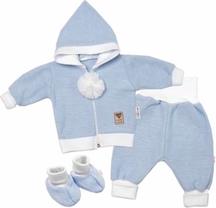 Baby Nellys 3-dílná souprava Hand made, pletený kabátek, kalhoty a botičky, modrá, Velikost koj. oblečení 62 (2-3m) - obrázek 1