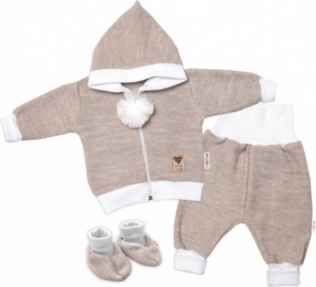 Baby Nellys 3-dílná souprava Hand made, pletený kabátek, kalhoty a botičky, béžová, Velikost koj. oblečení 56 (1-2m) - obrázek 1