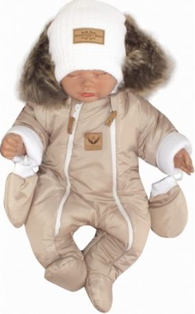Z&,Z Zimní kombinéza s dvojitým zipem, kapucí a kožešinou + rukavičky, Angel - béžový, Velikost koj. oblečení 56 (1-2m) - obrázek 1