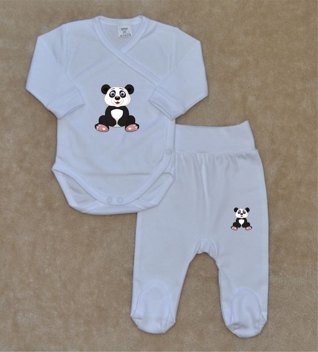 Bílá kojenecká soupravička Gama 2-dílná, zavinovací body+polodupačky, sedící panda vel.50 - obrázek 1