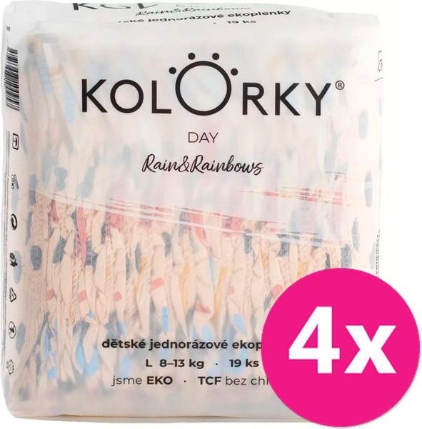 4x KOLORKY DAY Pleny jednorázové eko, déšť&duhy L (8-13 kg) 19 ks - obrázek 1