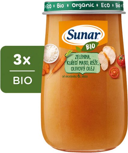 3x SUNAR BIO Zelenina, kuřecí maso, rýže, olivový olej 190 g - obrázek 1