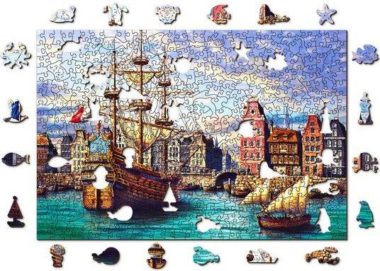 WOODEN CITY Dřevěné puzzle Staré lodě v přístavu 2v1, 505 dílků EKO - obrázek 1
