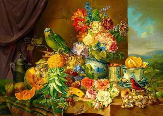 ENJOY Puzzle Josef Schuster: Zátiší s květinami, ovocem a papouškem 1000 dílků - obrázek 1