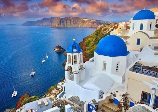 ENJOY Puzzle Santorini: Výhled s loděmi, Řecko 1000 dílků - obrázek 1