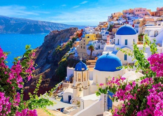 ENJOY Puzzle Santorini s květinami, Řecko 1000 dílků - obrázek 1