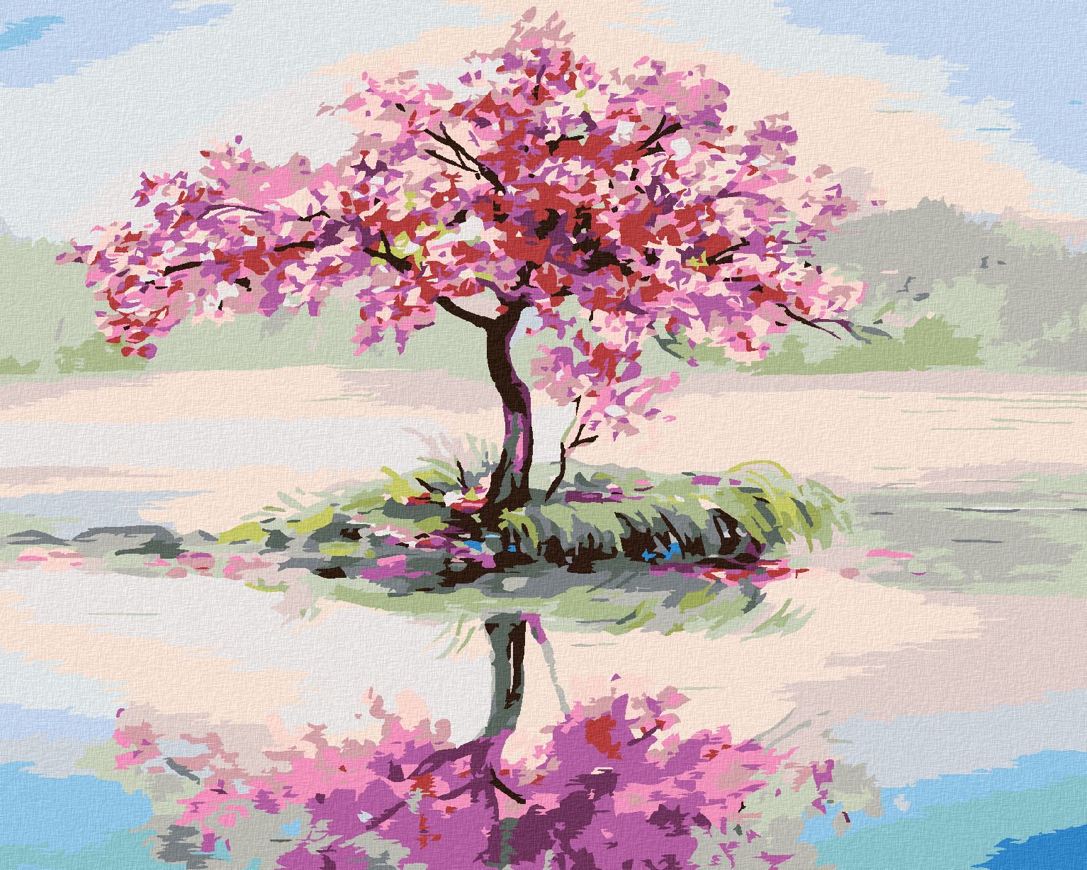 zuty Malování podle čísel - ROZKVETLÁ SAKURA U JEZERA - Rozměr: 40x50 cm, Rámování: Varianta: vypnuté plátno na rám - obrázek 1