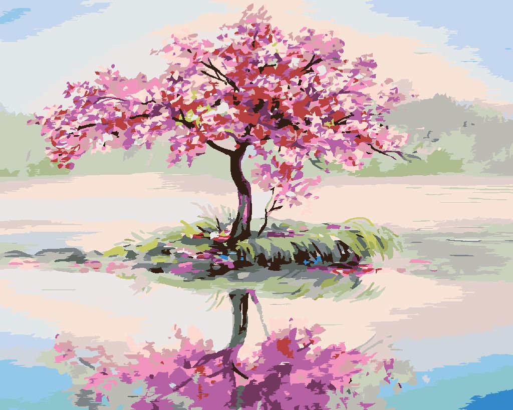 zuty Malování podle čísel - ROZKVETLÁ SAKURA U JEZERA - Rozměr: 40x50 cm, Rámování: Varianta: vypnuté plátno na rám - obrázek 2
