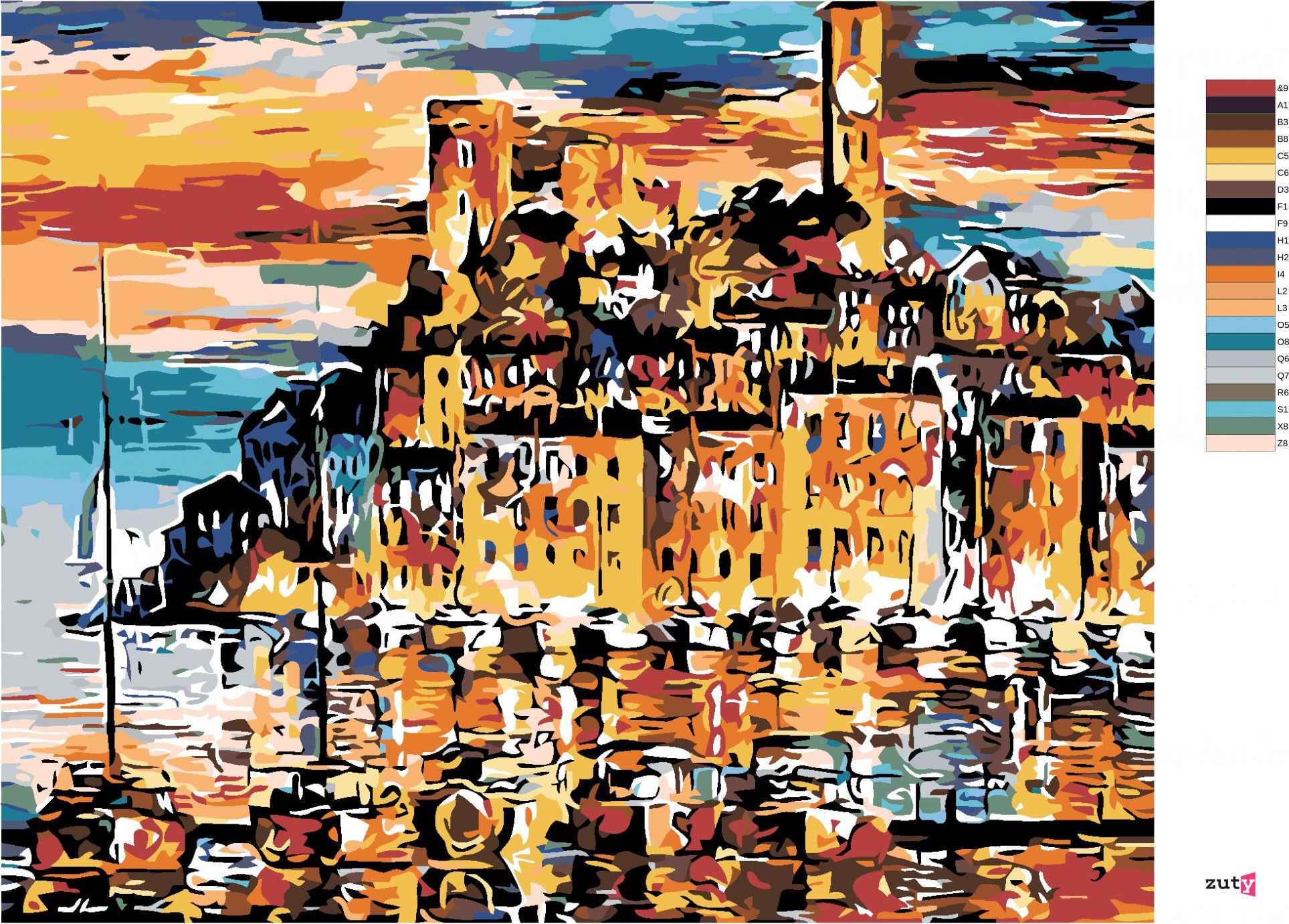 zuty Malování podle čísel - MĚSTEČKO NAD MOŘEM - Rozměr: 40x50 cm, Rámování: Varianta: bez rámu a bez vypnutí plátna - obrázek 4