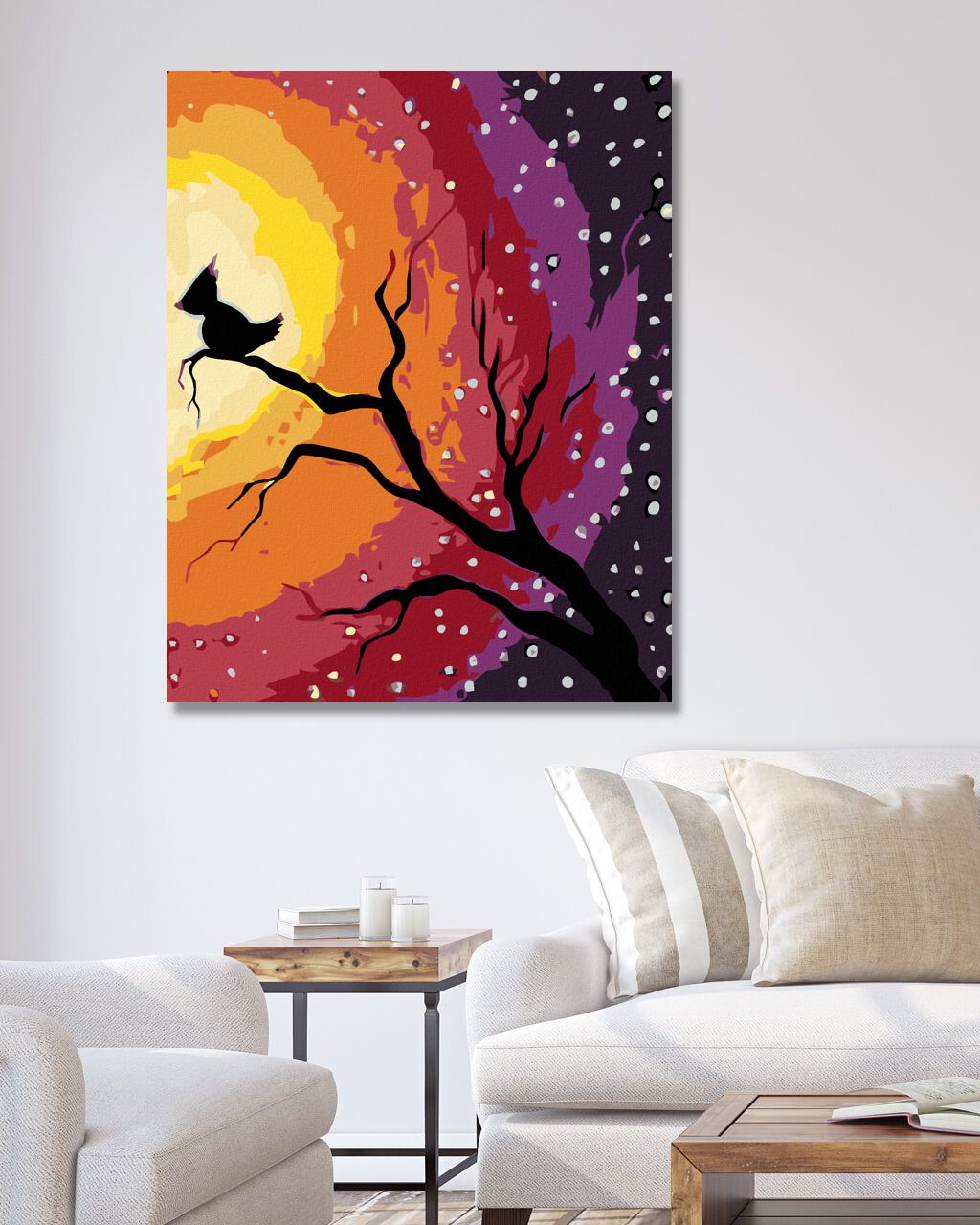 zuty Malování podle čísel - PTÁČEK NA VĚTVI A NOČNÍ OBLOHA - Rozměr: 40x50 cm, Rámování: Varianta: vypnuté plátno na rám - obrázek 4