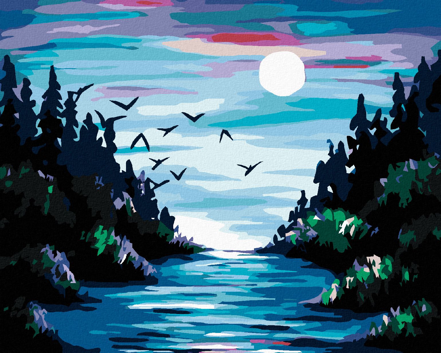 zuty Malování podle čísel - MĚSÍC NAD ŘEKOU - Rozměr: 40x50 cm, Rámování: Varianta: bez rámu a bez vypnutí plátna - obrázek 1