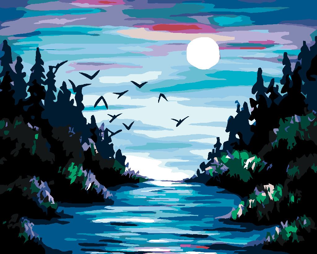 zuty Malování podle čísel - MĚSÍC NAD ŘEKOU - Rozměr: 40x50 cm, Rámování: Varianta: bez rámu a bez vypnutí plátna - obrázek 6