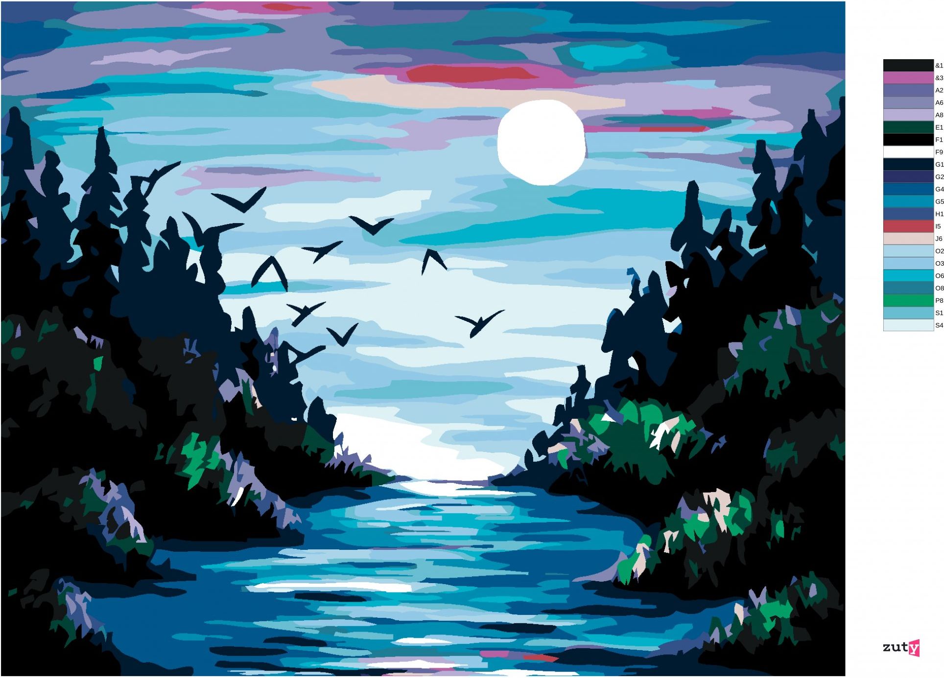 zuty Malování podle čísel - MĚSÍC NAD ŘEKOU - Rozměr: 40x50 cm, Rámování: Varianta: bez rámu a bez vypnutí plátna - obrázek 9