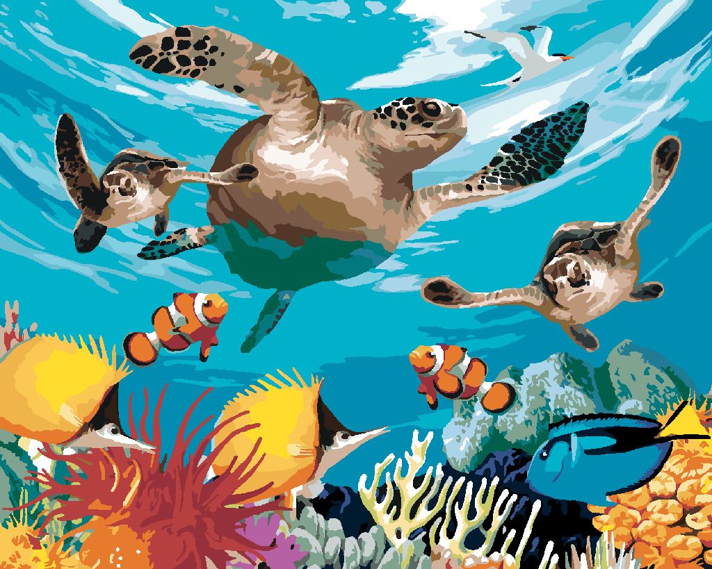 zuty Malování podle čísel - ŽELVY A BAREVNÝ OCEÁN (HOWARD ROBINSON) - Rozměr: 40x50 cm, Rámování: Varianta: bez rámu a bez vypnutí plátna - obrázek 2