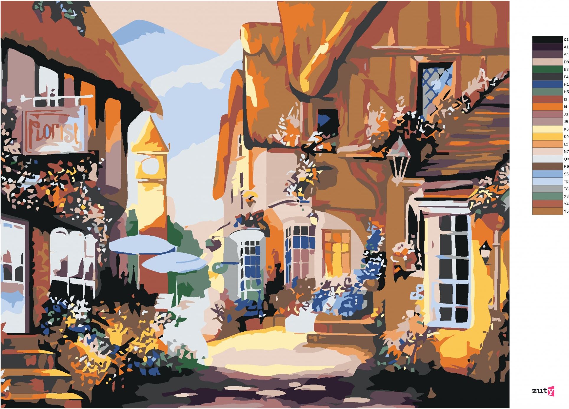 zuty Malování podle čísel - DOMY ZDOBENÉ KVĚTINAMI - Rozměr: 40x50 cm, Rámování: Varianta: bez rámu a bez vypnutí plátna - obrázek 4