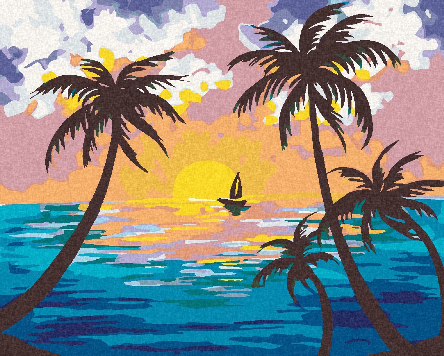 zuty Malování podle čísel - ZÁPAD SLUNCE ZA PALMAMI - Rozměr: 40x50 cm, Rámování: Varianta: vypnuté plátno na rám - obrázek 1