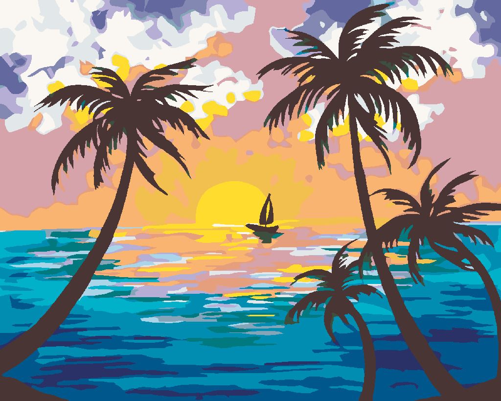 zuty Malování podle čísel - ZÁPAD SLUNCE ZA PALMAMI - Rozměr: 40x50 cm, Rámování: Varianta: vypnuté plátno na rám - obrázek 4