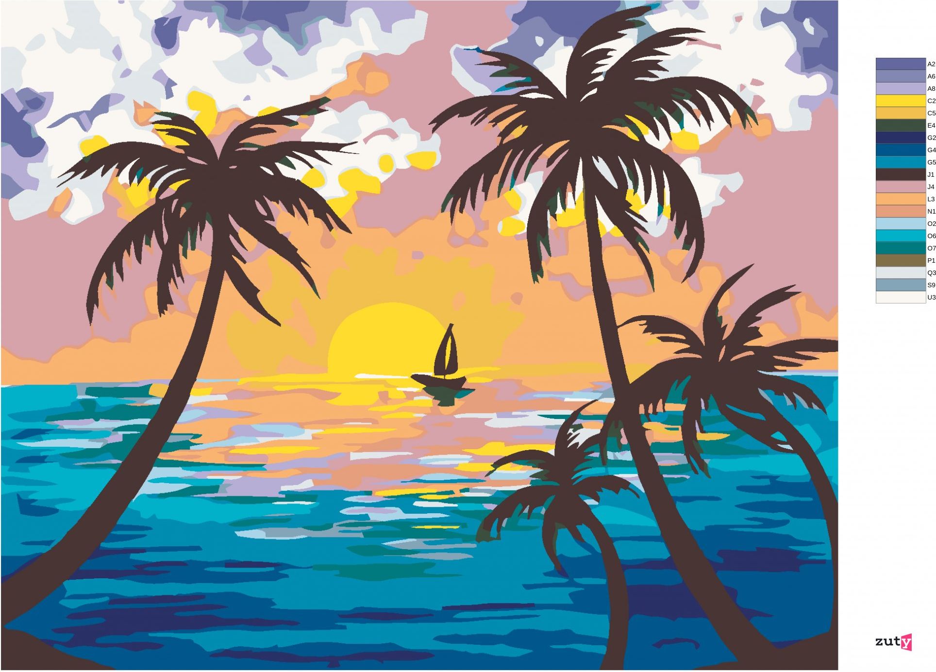 zuty Malování podle čísel - ZÁPAD SLUNCE ZA PALMAMI - Rozměr: 40x50 cm, Rámování: Varianta: vypnuté plátno na rám - obrázek 7
