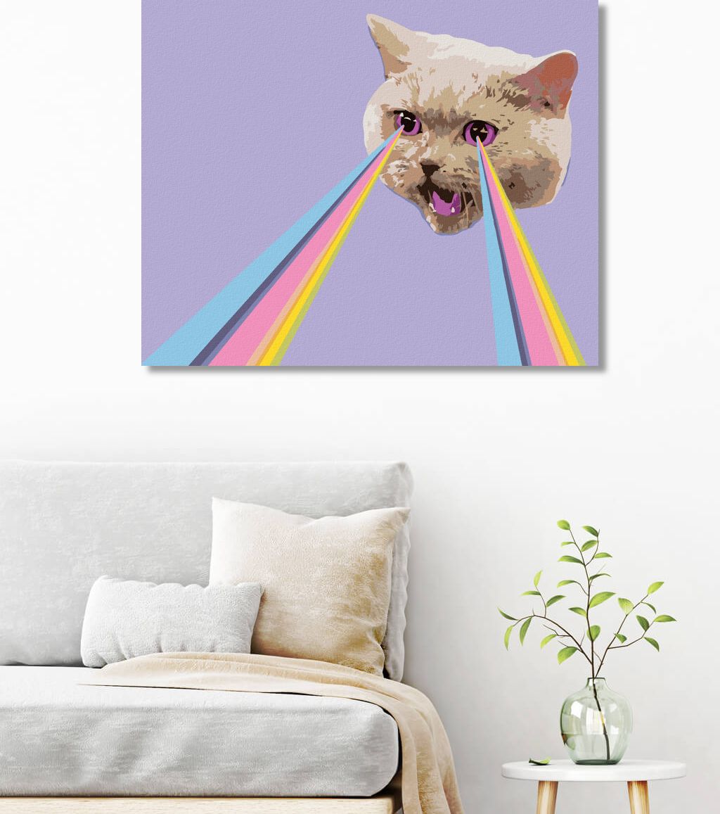 zuty Malování podle čísel - KOČKA A DUHOVÉ LASERY - Rozměr: 40x50 cm, Rámování: Varianta: vypnuté plátno na rám - obrázek 3