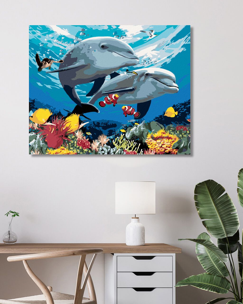 zuty Malování podle čísel - DELFÍNI A KORÁLOVÝ ÚTES (HOWARD ROBINSON) - Rozměr: 40x50 cm, Rámování: Varianta: vypnuté plátno na rám - obrázek 3