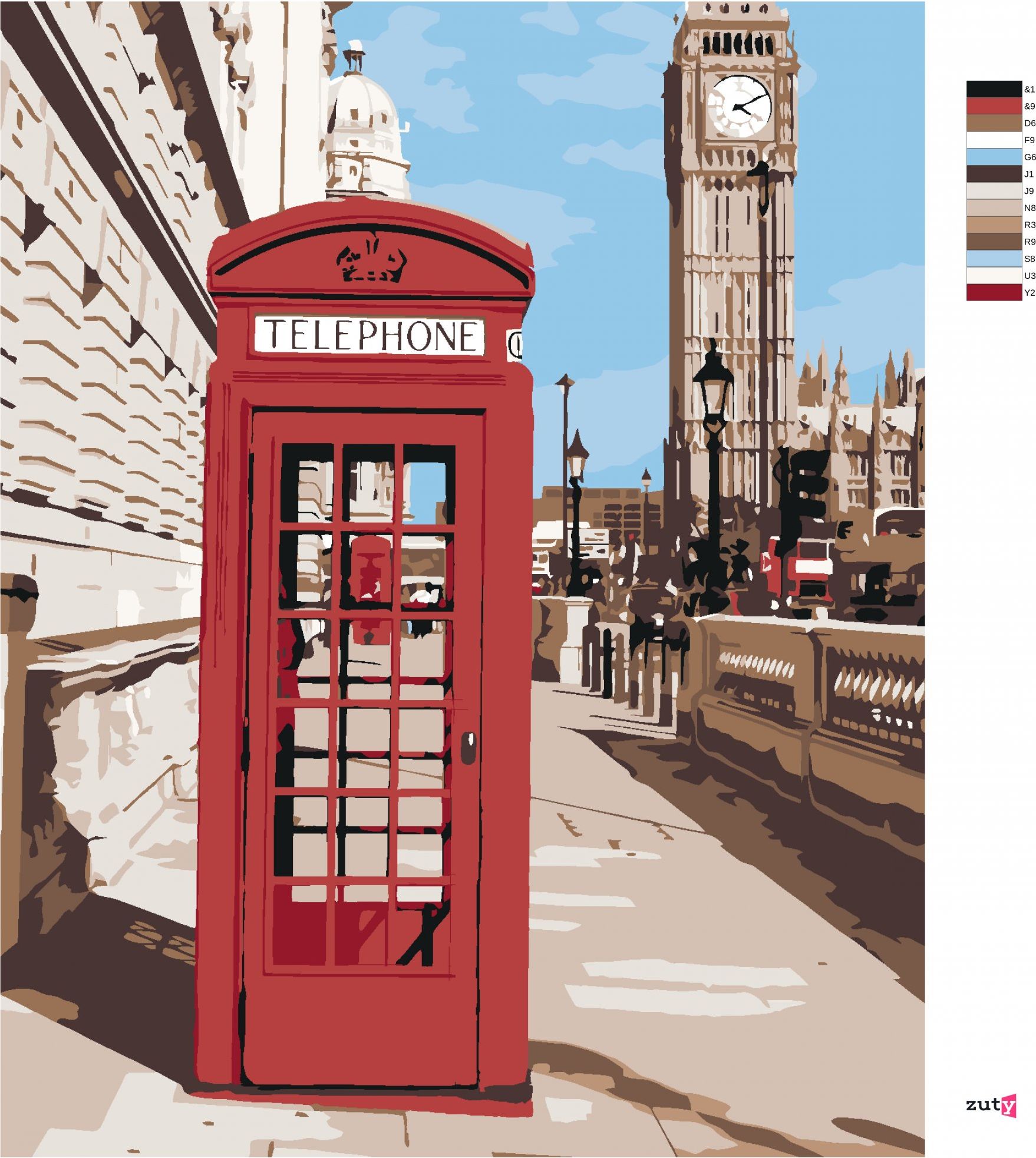 zuty Malování podle čísel - TELEFONNÍ BUDKA V LONDÝNĚ - Rozměr: 40x50 cm, Rámování: Varianta: bez rámu a bez vypnutí plátna - obrázek 2