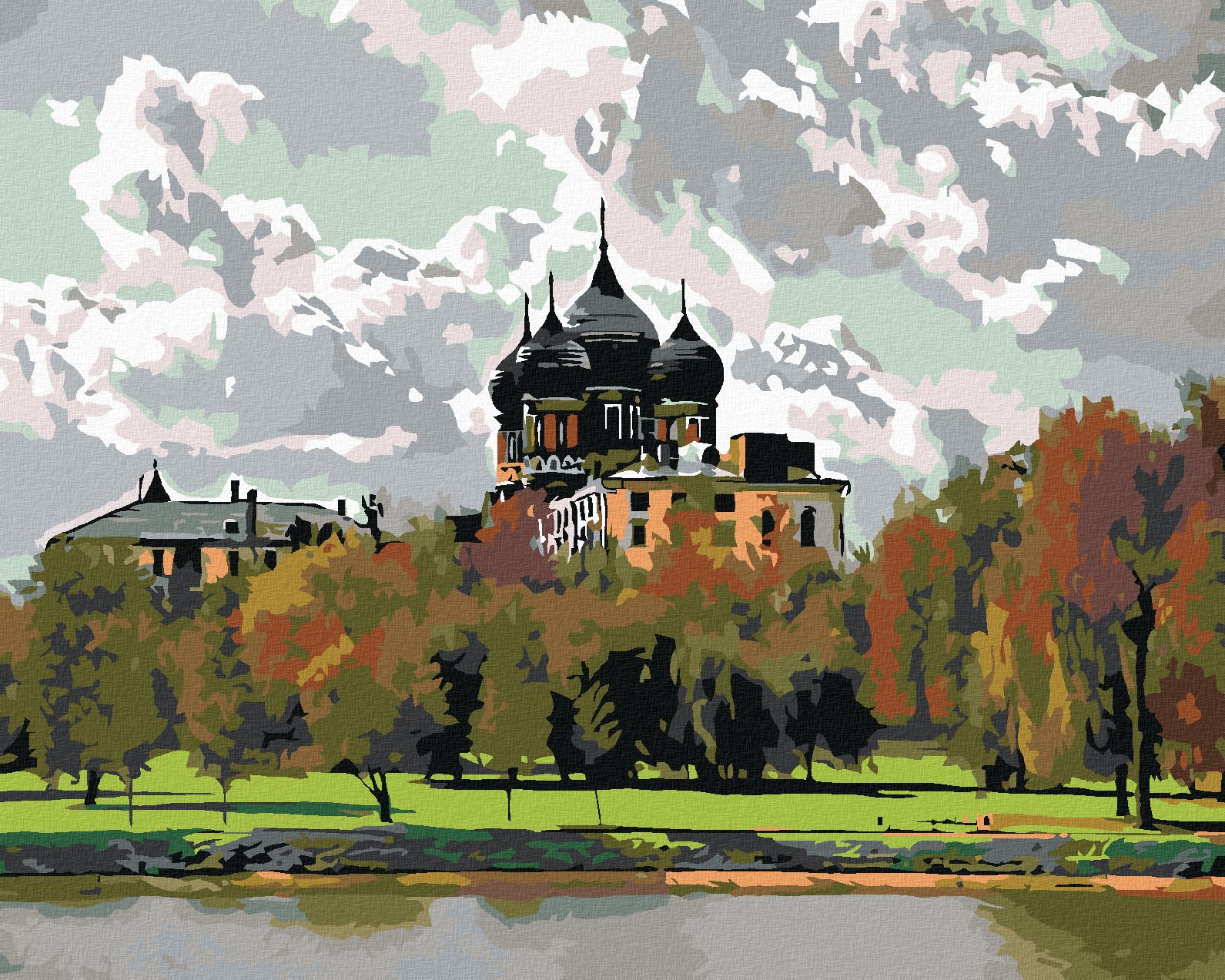 zuty Malování podle čísel - ZÁMEČEK U ŘEKY - Rozměr: 40x50 cm, Rámování: Varianta: bez rámu a bez vypnutí plátna - obrázek 1