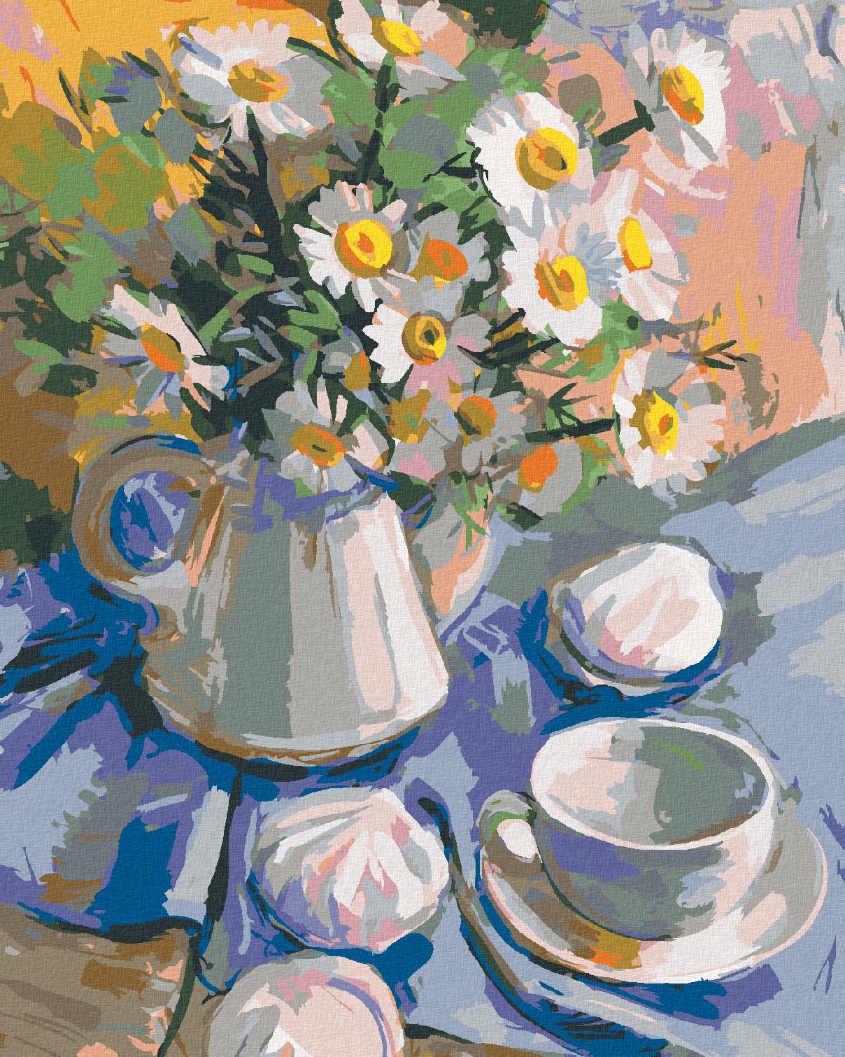 zuty Malování podle čísel - KOPRETINY VE VÁZE NA MODRÉM UBRUSU - Rozměr: 40x50 cm, Rámování: Varianta: bez rámu a bez vypnutí plátna - obrázek 1
