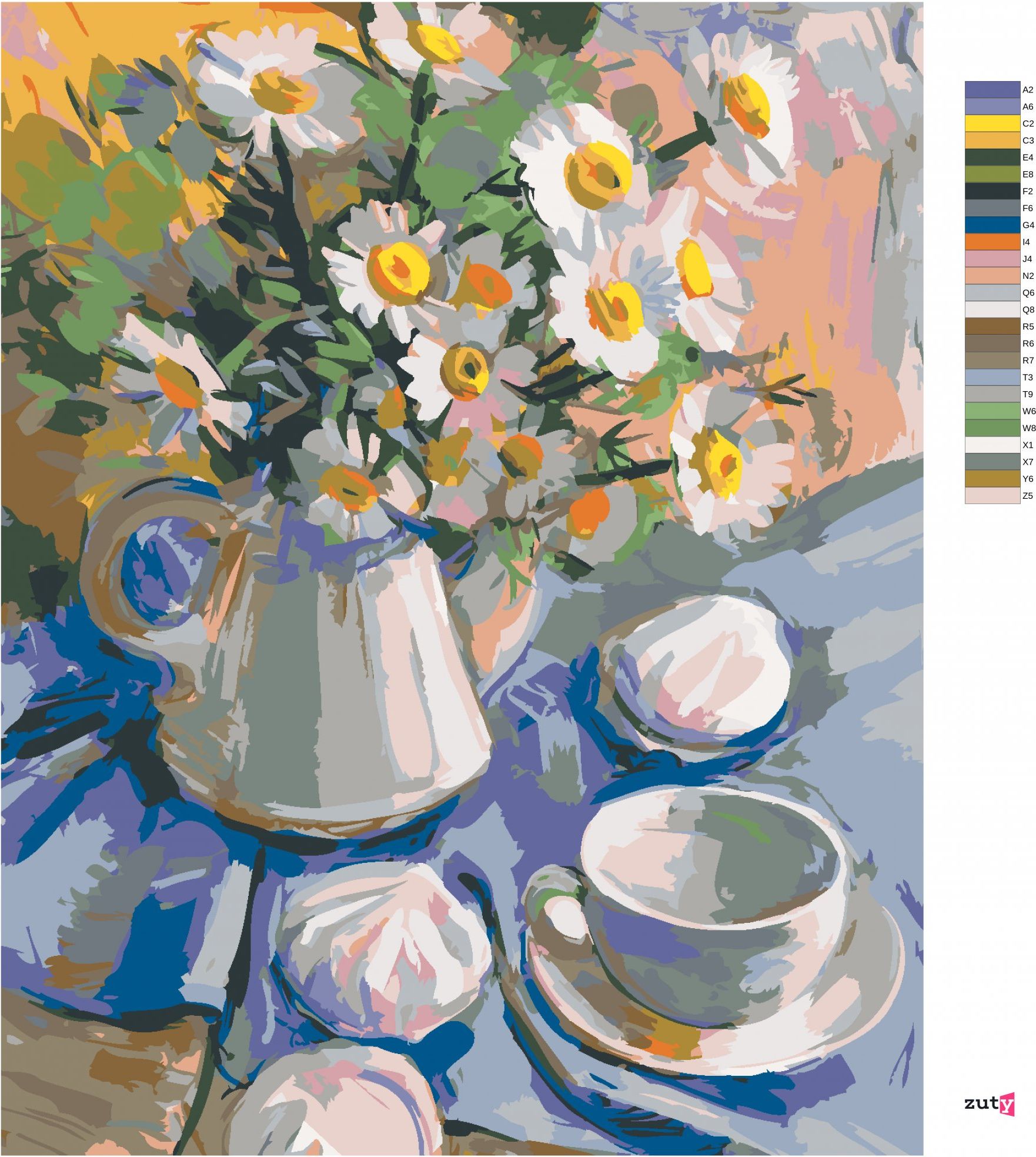 zuty Malování podle čísel - KOPRETINY VE VÁZE NA MODRÉM UBRUSU - Rozměr: 40x50 cm, Rámování: Varianta: vypnuté plátno na rám - obrázek 2