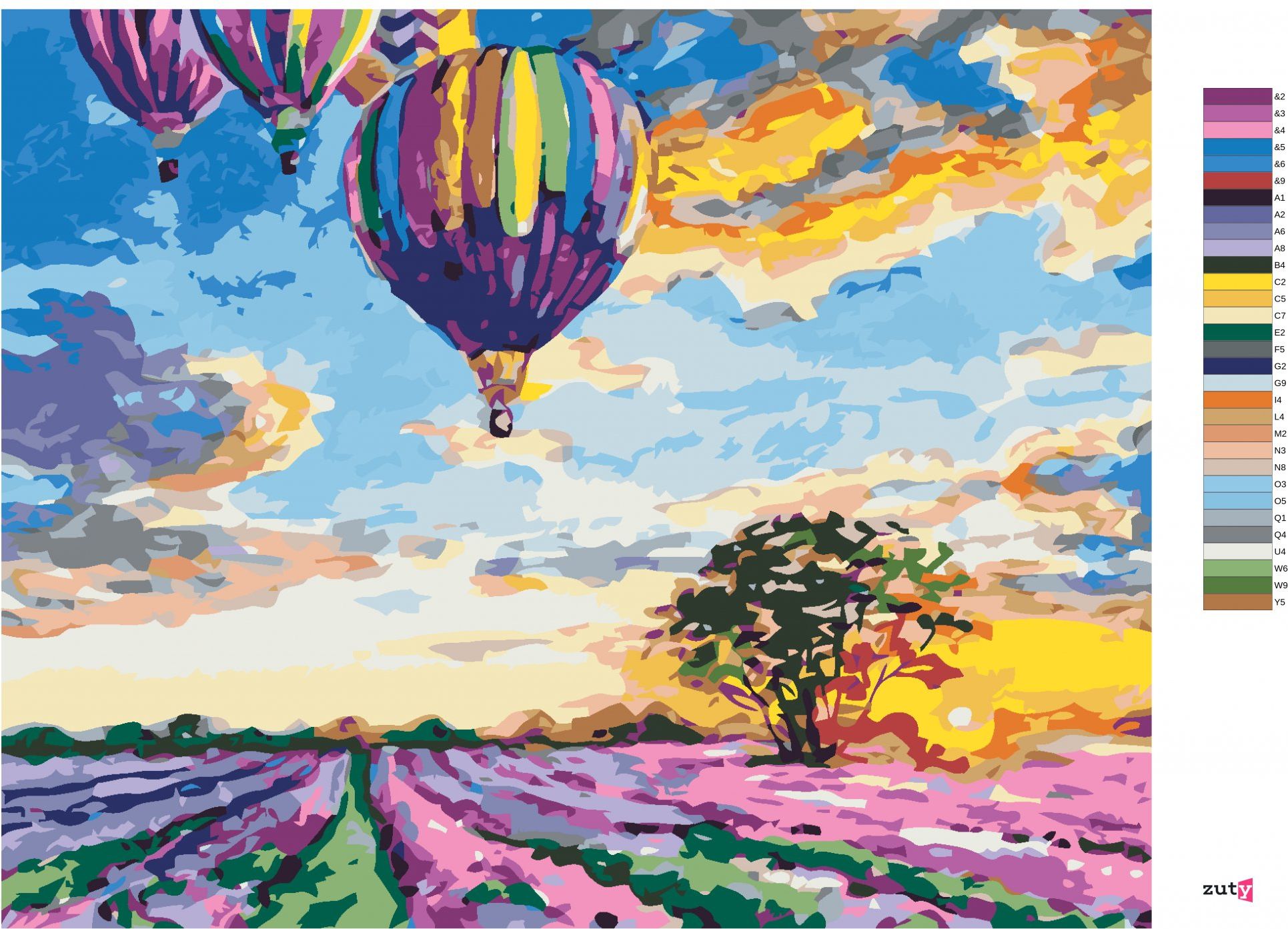 zuty Malování podle čísel - HORKOVZDUŠNÉ BALÓNY A LEVANDULE - Rozměr: 40x50 cm, Rámování: Varianta: vypnuté plátno na rám - obrázek 3