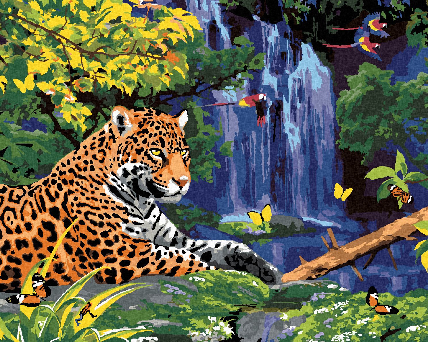 zuty Malování podle čísel - JAGUÁR U VODOPÁDU A PAPOUŠCI (HOWARD ROBINSON) - Rozměr: 40x50 cm, Rámování: Varianta: bez rámu a bez vypnutí plátna - obrázek 1