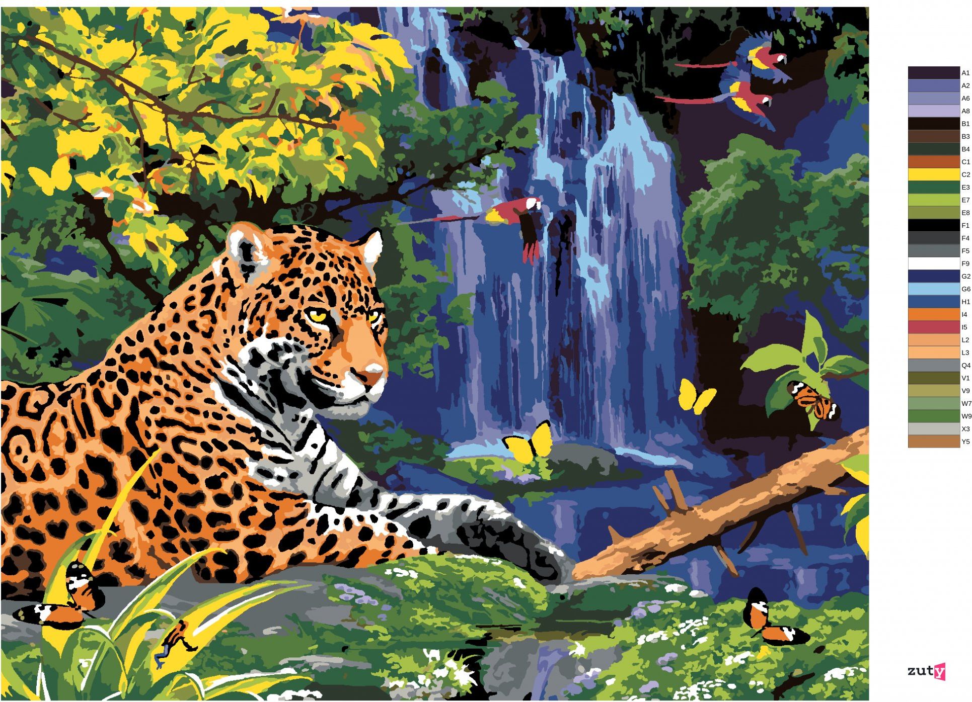 zuty Malování podle čísel - JAGUÁR U VODOPÁDU A PAPOUŠCI (HOWARD ROBINSON) - Rozměr: 40x50 cm, Rámování: Varianta: bez rámu a bez vypnutí plátna - obrázek 4