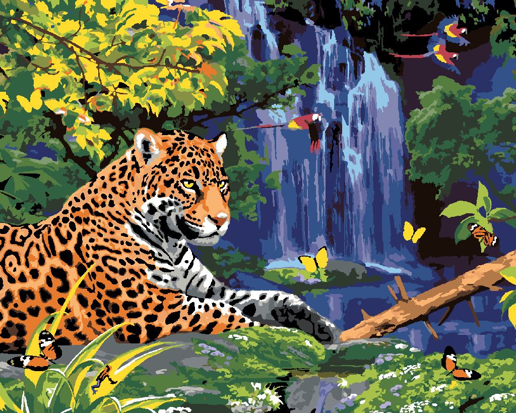 zuty Malování podle čísel - JAGUÁR U VODOPÁDU A PAPOUŠCI (HOWARD ROBINSON) - Rozměr: 40x50 cm, Rámování: Varianta: bez rámu a bez vypnutí plátna - obrázek 6