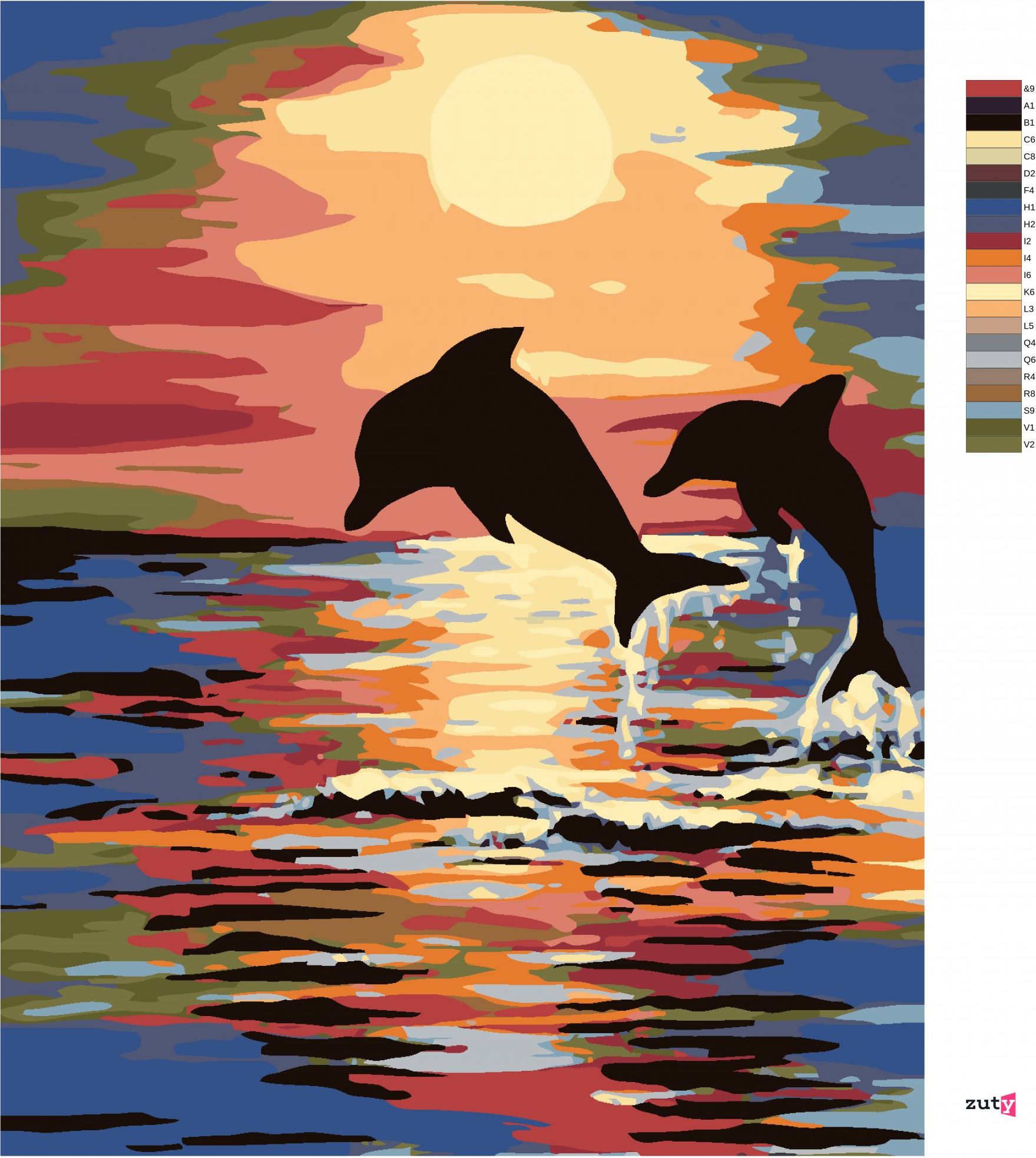 zuty Malování podle čísel - DELFÍNI A ZÁPAD SLUNCE - Rozměr: 40x50 cm, Rámování: Varianta: vypnuté plátno na rám - obrázek 2