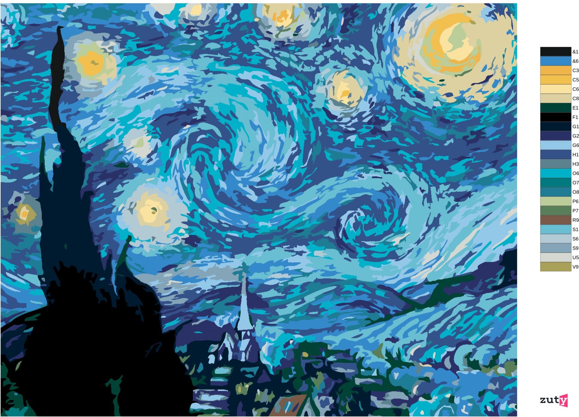 zuty Malování podle čísel - HVĚZDNÁ NOC (VAN GOGH) - Rozměr: 40x50 cm, Rámování: Varianta: vypnuté plátno na rám - obrázek 3