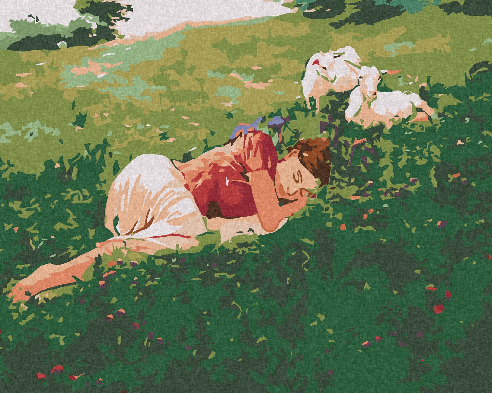 zuty Malování podle čísel - SPÍCÍ ŽENA V TRÁVĚ A KŮZLATA - Rozměr: 40x50 cm, Rámování: Varianta: vypnuté plátno na rám - obrázek 1
