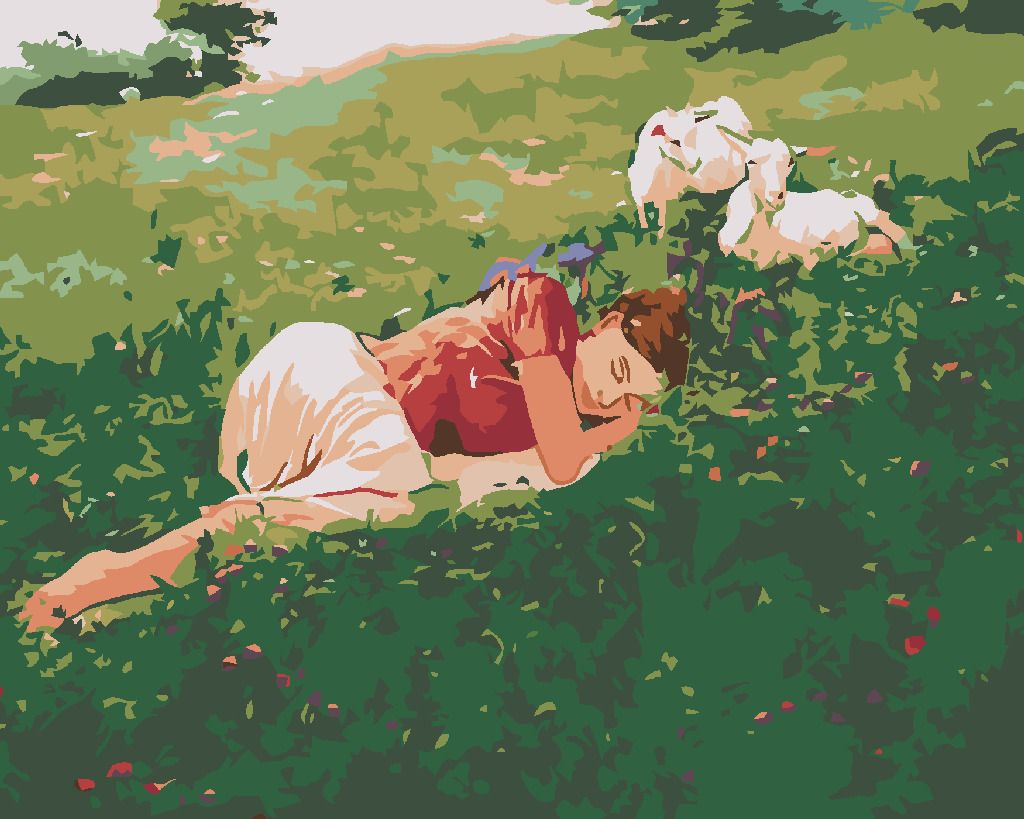 zuty Malování podle čísel - SPÍCÍ ŽENA V TRÁVĚ A KŮZLATA - Rozměr: 40x50 cm, Rámování: Varianta: vypnuté plátno na rám - obrázek 6