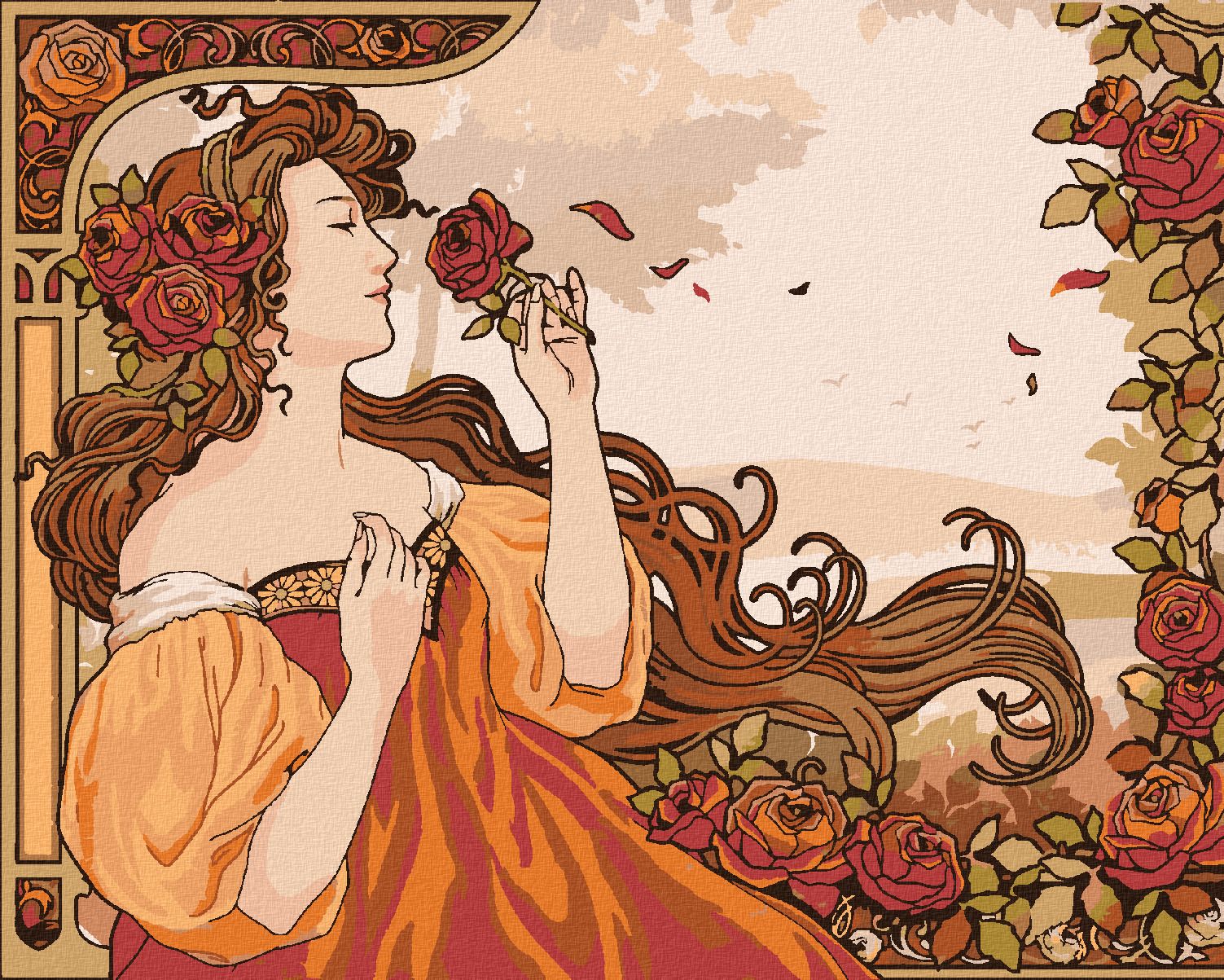 zuty Malování podle čísel - REPRODUKCE ŽENA A RŮŽE (ALFONS MUCHA) - Rozměr: 40x50 cm, Rámování: Varianta: vypnuté plátno na rám - obrázek 1