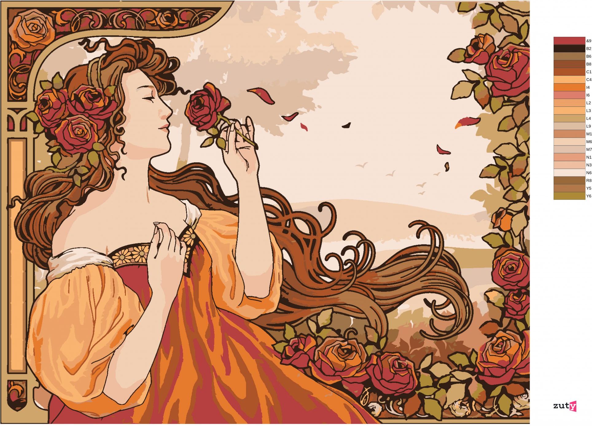 zuty Malování podle čísel - REPRODUKCE ŽENA A RŮŽE (ALFONS MUCHA) - Rozměr: 40x50 cm, Rámování: Varianta: vypnuté plátno na rám - obrázek 3