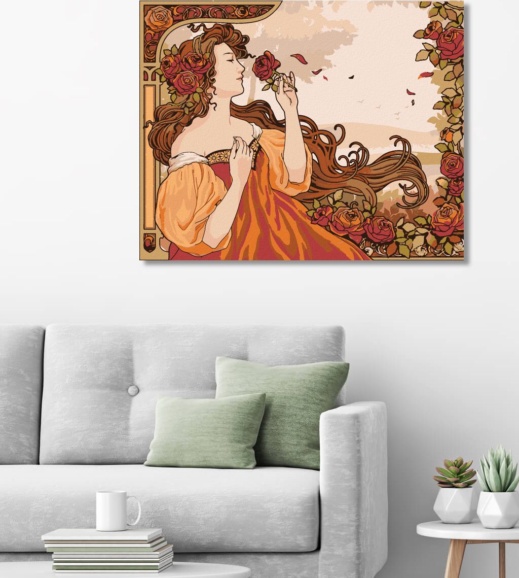 zuty Malování podle čísel - REPRODUKCE ŽENA A RŮŽE (ALFONS MUCHA) - Rozměr: 40x50 cm, Rámování: Varianta: vypnuté plátno na rám - obrázek 4