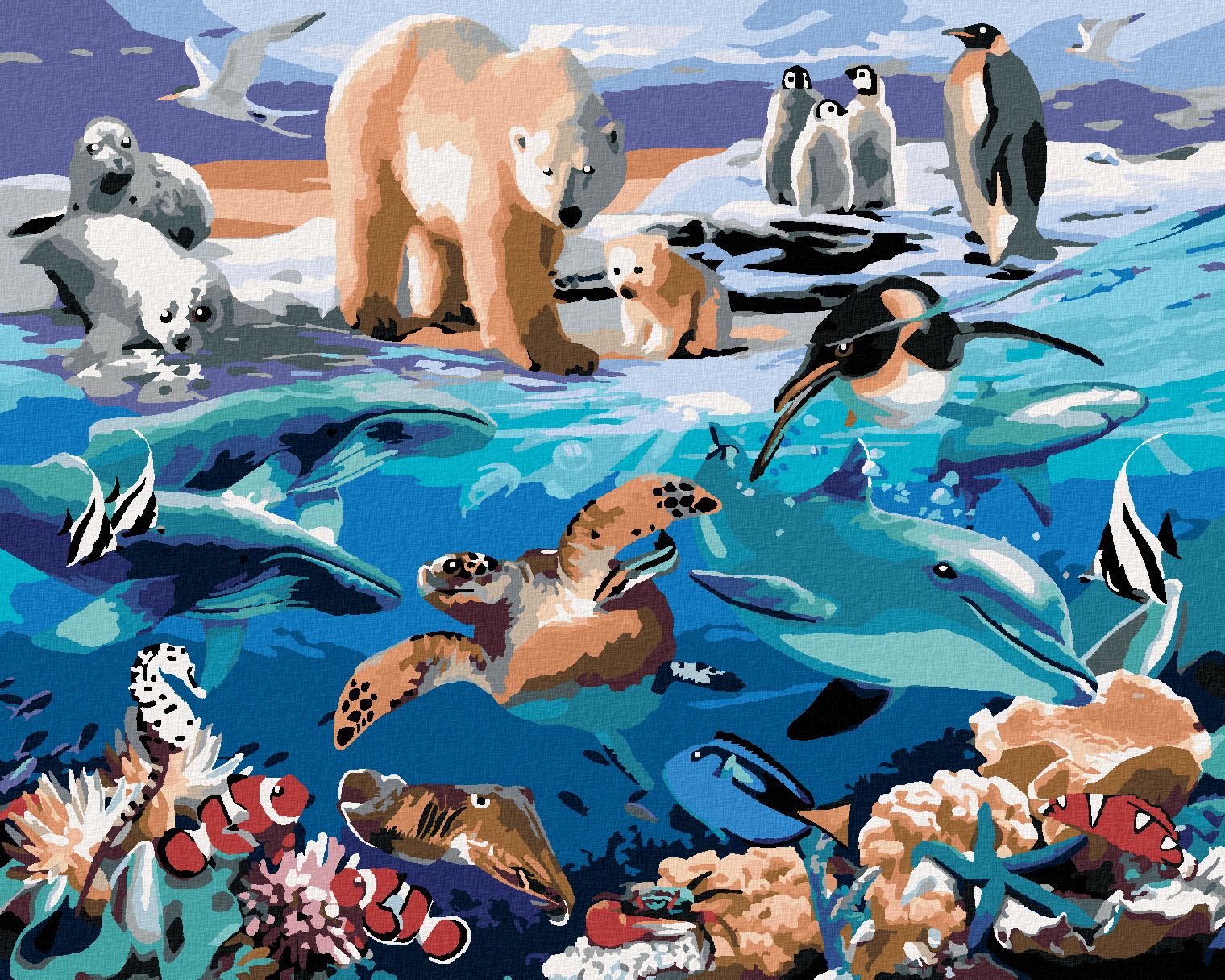 zuty Malování podle čísel - ZVÍŘATA V OCEÁNU (HOWARD ROBINSON) - Rozměr: 40x50 cm, Rámování: Varianta: vypnuté plátno na rám - obrázek 1