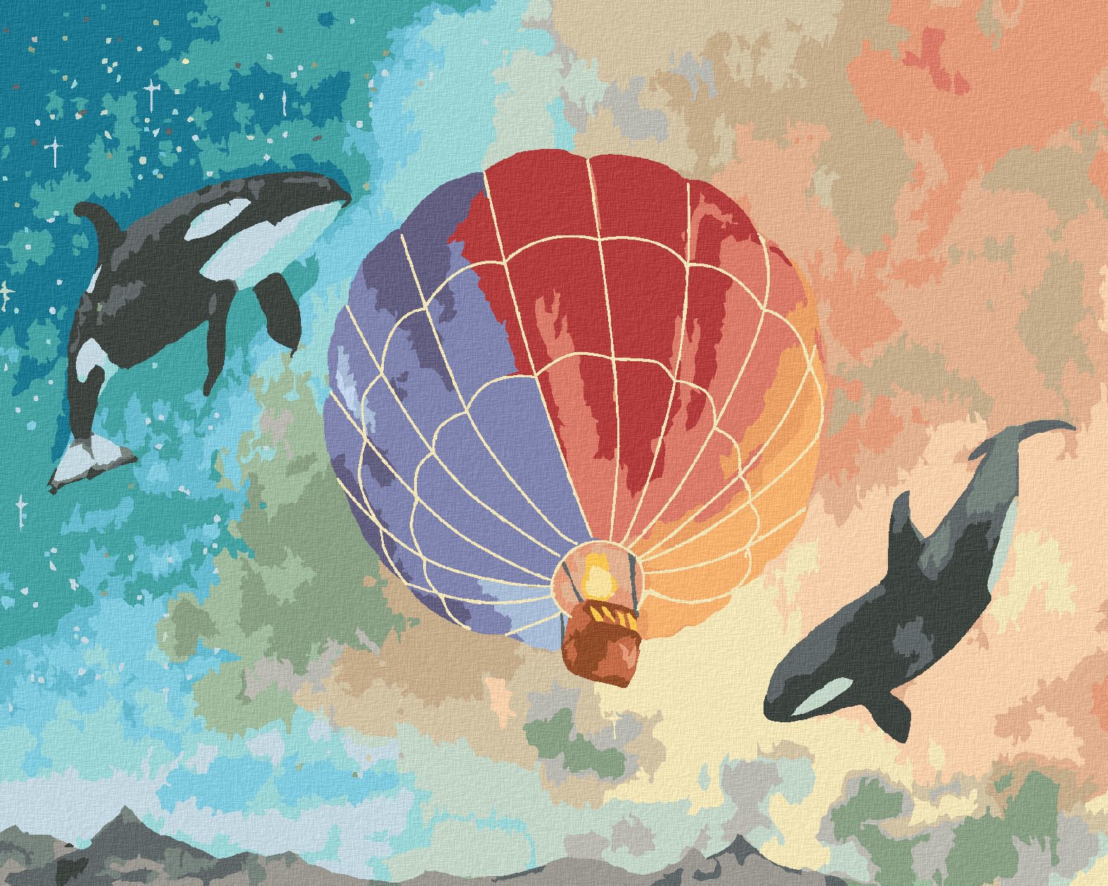 zuty Malování podle čísel - KOSATKY A HORKOVZDUŠNÝ BALON - Rozměr: 40x50 cm, Rámování: Varianta: vypnuté plátno na rám - obrázek 1