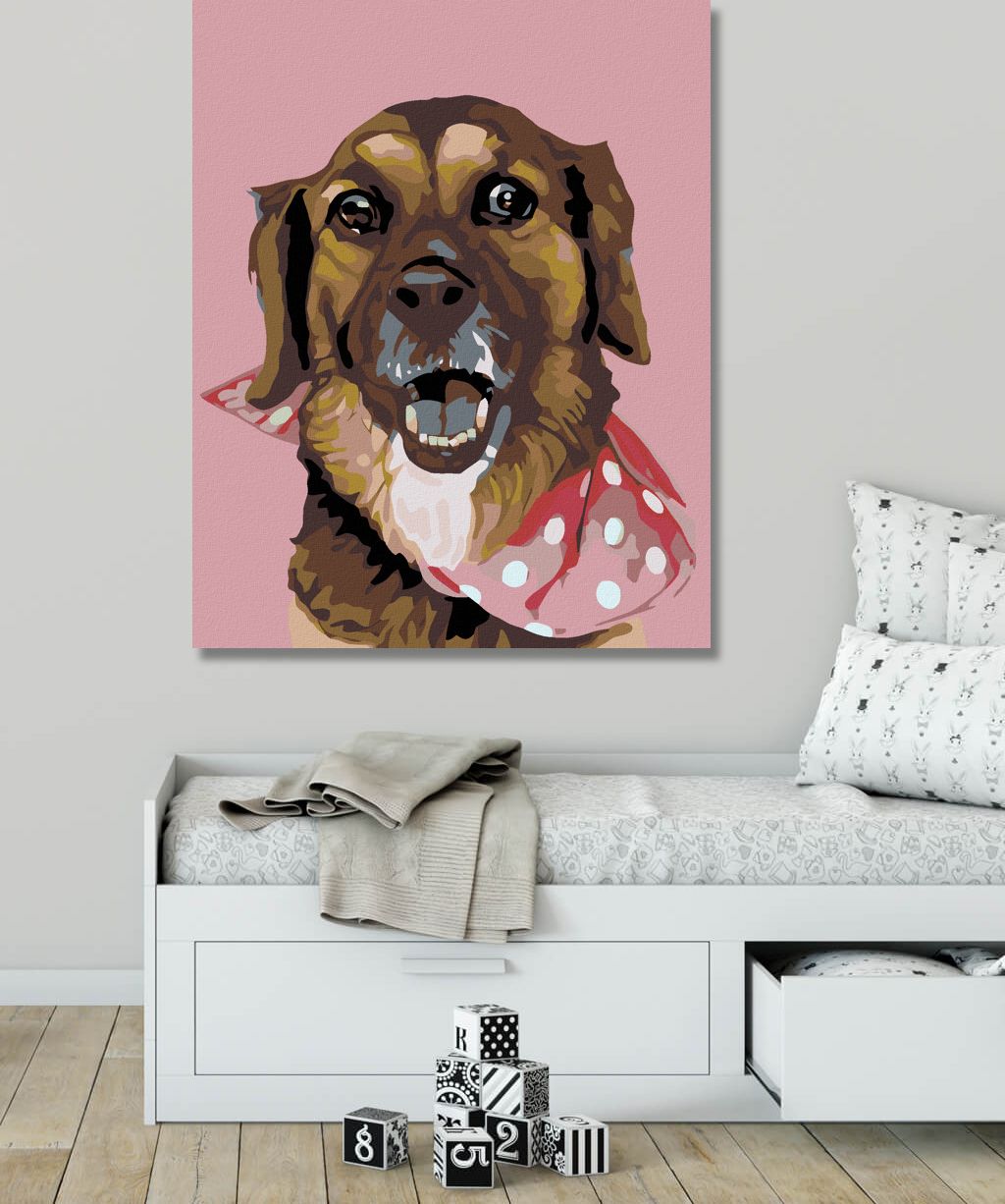 zuty Malování podle čísel - PEJSEK S PUNTÍKATÝM ŠÁTKEM - Rozměr: 40x50 cm, Rámování: Varianta: vypnuté plátno na rám - obrázek 7