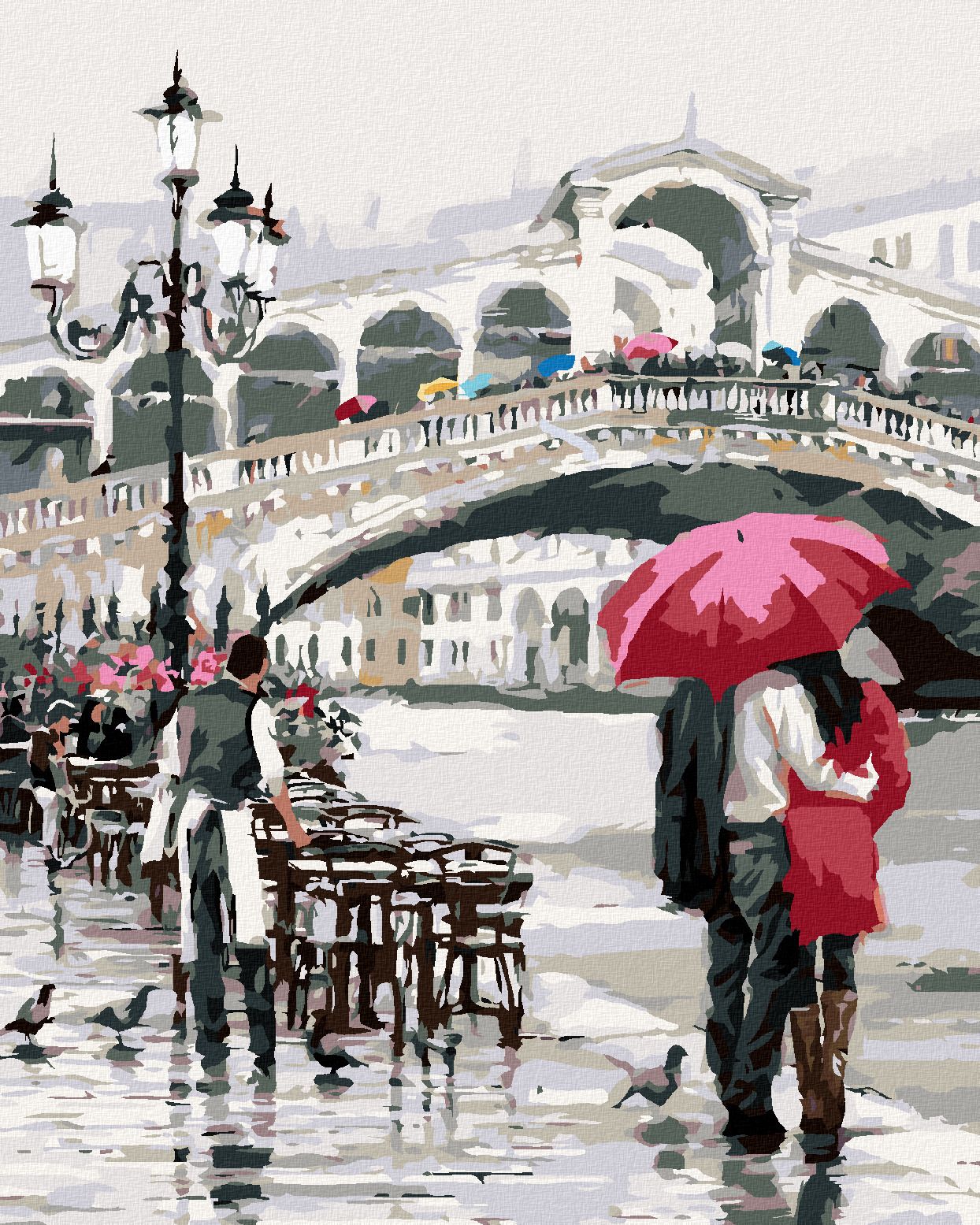 zuty Malování podle čísel - MILENCI S DEŠTNÍKEM U MOSTU (RICHARD MACNEIL) - Rozměr: 40x50 cm, Rámování: Varianta: bez rámu a bez vypnutí plátna - obrázek 1