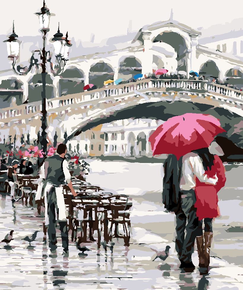 zuty Malování podle čísel - MILENCI S DEŠTNÍKEM U MOSTU (RICHARD MACNEIL) - Rozměr: 40x50 cm, Rámování: Varianta: bez rámu a bez vypnutí plátna - obrázek 2