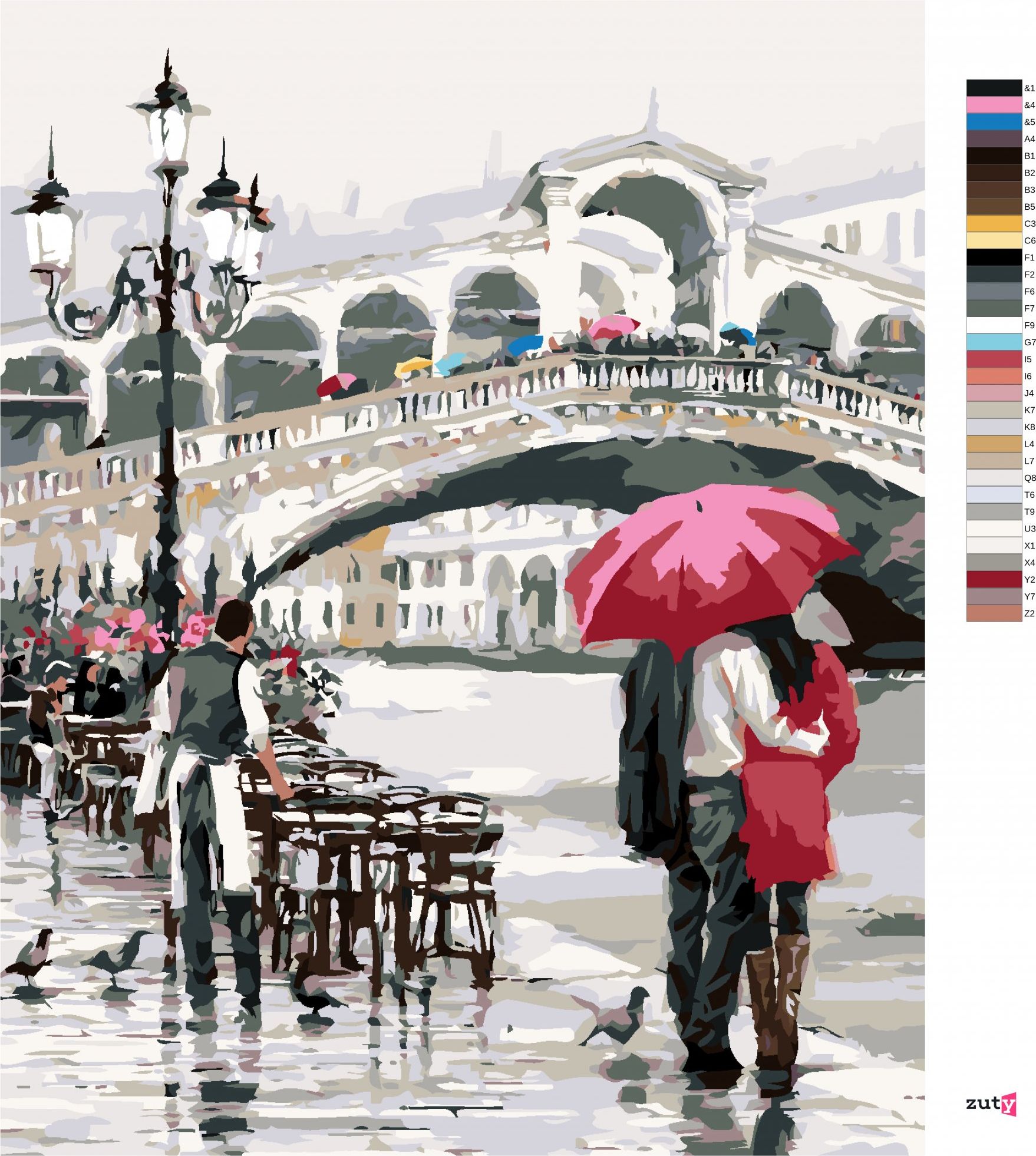 zuty Malování podle čísel - MILENCI S DEŠTNÍKEM U MOSTU (RICHARD MACNEIL) - Rozměr: 40x50 cm, Rámování: Varianta: bez rámu a bez vypnutí plátna - obrázek 7