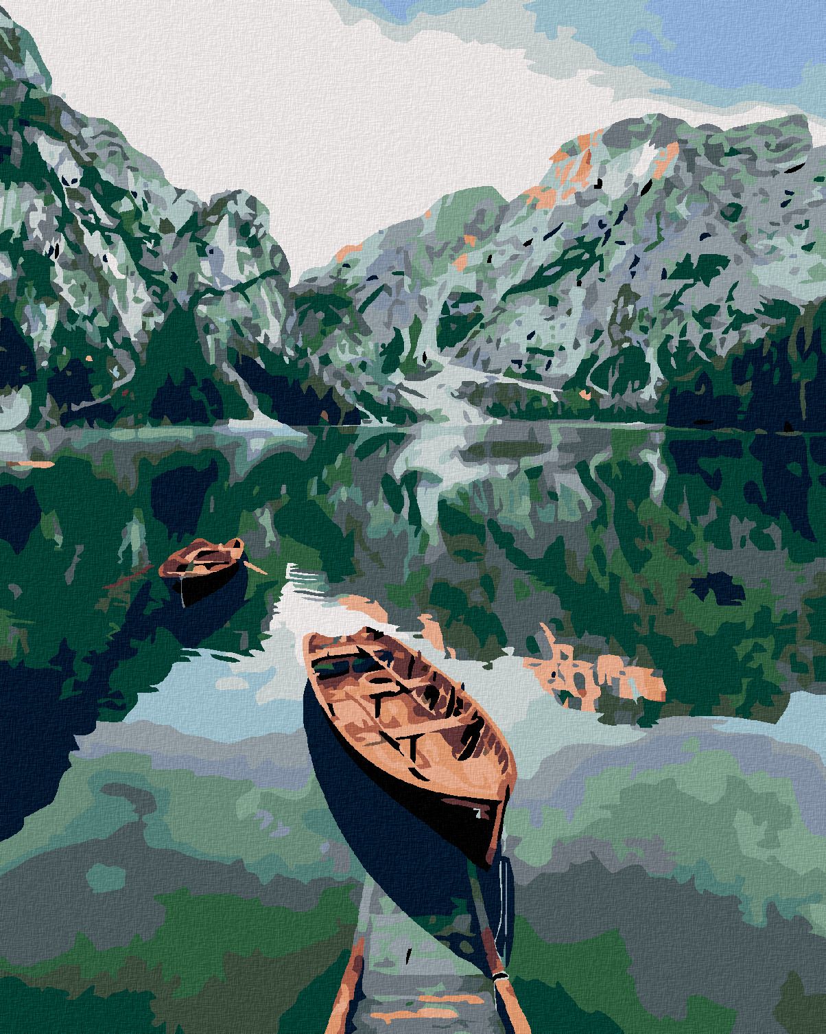 zuty Malování podle čísel - PRAMICE NA JEZEŘE V HORÁCH - Rozměr: 40x50 cm, Rámování: Varianta: bez rámu a bez vypnutí plátna - obrázek 1